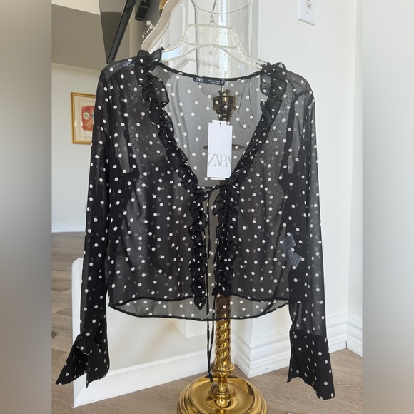 Zara Tops - BNWT Fall Zara polka dot sheer tie up blouse, size S.